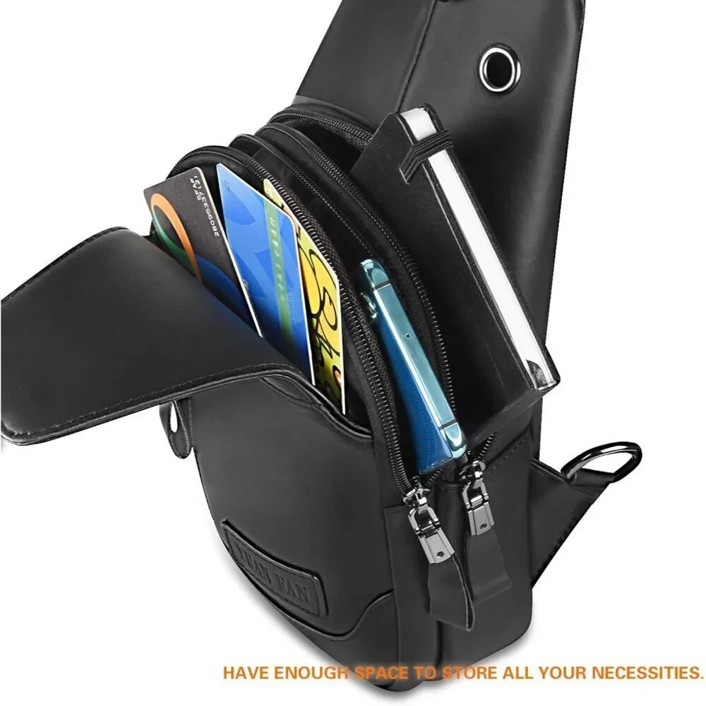 👉 Men Black Crossbody Bags Leather Sling Purse Chest Backpack Shoulder Bags